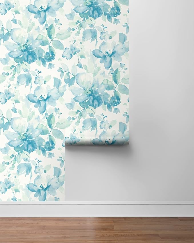 NextWall Watercolor Flower Peel and Stick Wallpaper (Seaglass)