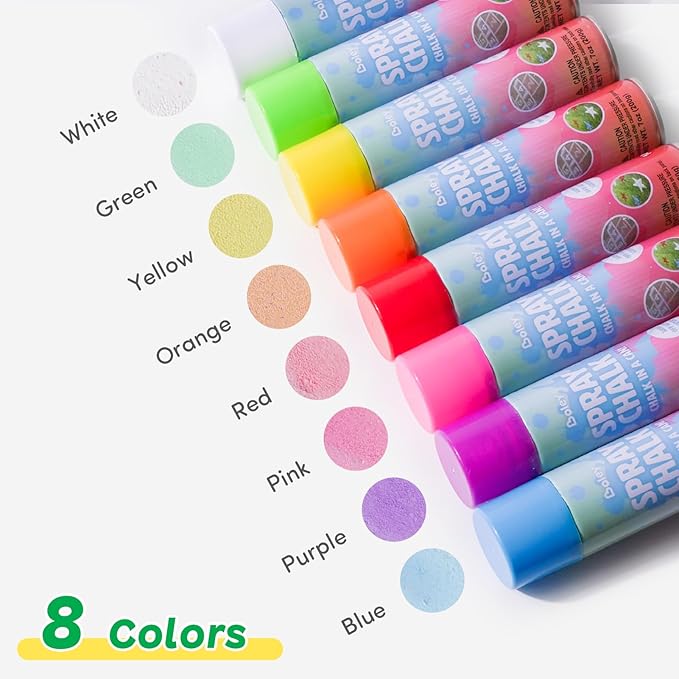 Boley Spray Chalk – 8 Pack Washable Chalk Spray Paint, 7 oz Each, Non-Toxic, Vibrant Outdoor Colors for Pavement, Grass, Sand & Snow – Fun Gift for Teens & Families, Ages 14+