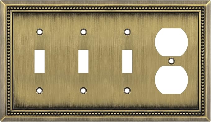 Henne Bery Sunken Pearls Heavy Duty Decorative Wall Plate Switch Plate Outlet Cover (Triple Toggle/Single Duplex, Antique Brass)