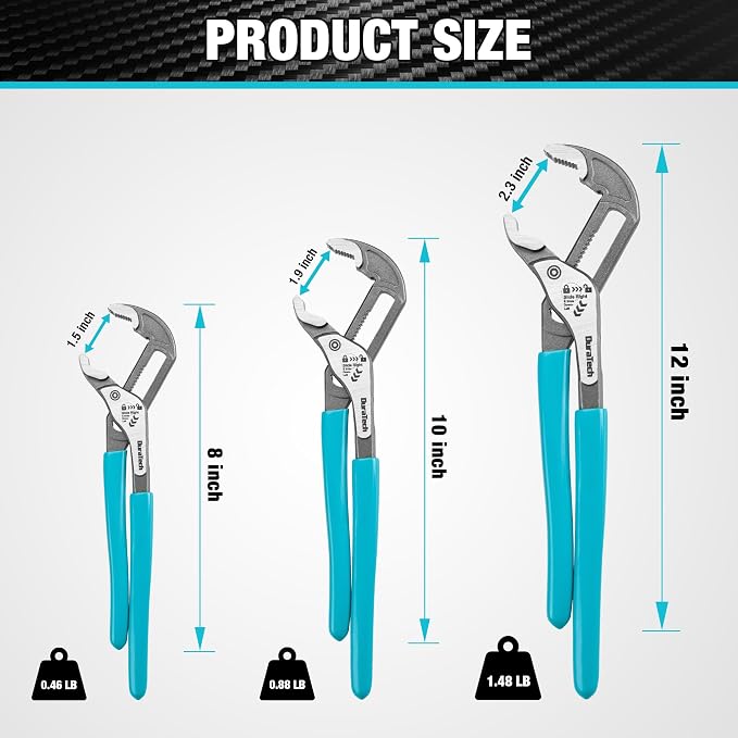 DURATECH 3-Piece Water Pump Pliers Set(8", 10", 12"), Groove Joint Pliers | Quick-Adjust, Slide-to-Unlock Mechanism, V-Jaw Design, Cr-V Steel, For Plumbing, Automotive, and Household Repairs