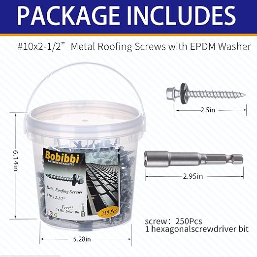 Metal Roofing Screws 10 x 2-1/2 inch, Hex Head Sheet Metal Roof Screw with EPDM Washer for Corrugated Roofing (250Pcs)