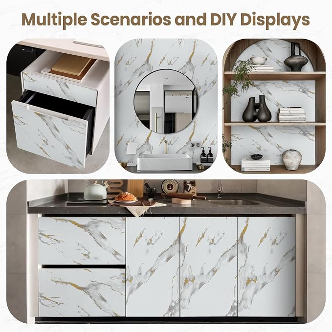 practicalWs Glossy Marble Wallpaper Peel and Stick White/Gold Granite Contact Paper Removable Wall Paper for Kitchen Countertop Cabinet Furniture 17.7" x 196.8"