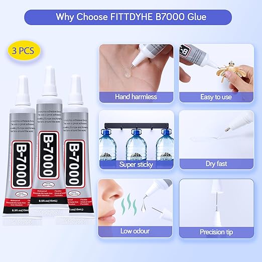 FITTDYHE 3PCS Jewelry Glue - 15ML/0.5fl oz Clear DIY Craft Glue for Rhinestones, Waterproof Strong Bond Adhesive for Phone Repair, Nail Art, Shoes, Fabric, Metal, Glass