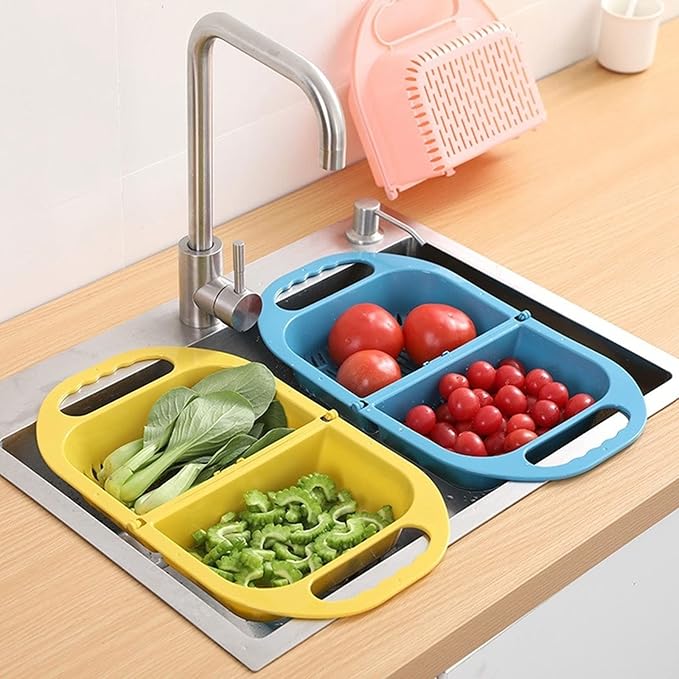Kitchen Strainers Folding Drain Basket Leaking Fruit Box Vegetable Container Rack Sink With Handle Storage Baskets Tools Kitchen Accessories(Yellow)