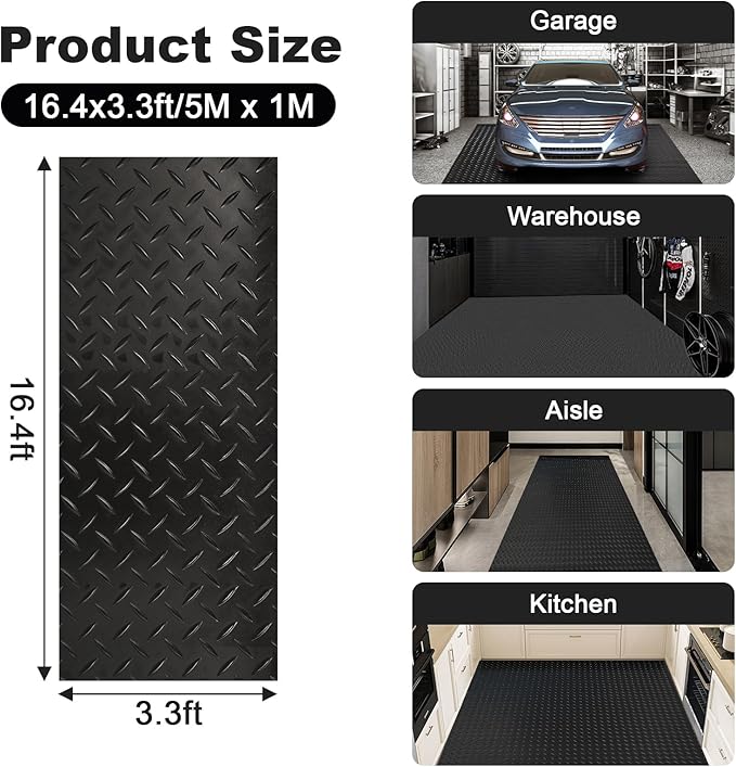 tonchean 16.4 x 3.3 FT Diamond Plate Rubber Flooring Roll, 3.2 mm Thickened Heavy Duty Garage Floor Mat, Non-Slip Rubber Mat for Under Car, Truck, Basement, Workshop