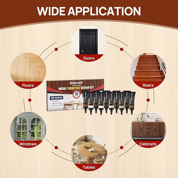 Boncart Wood Furniture Repair Kit, Wood Touch up Fillers, Repair Scratches, Cracks, Paint Chips, and Nail Holes on Furniture, Floors, Doors, Cabinets, and Tables (10 Colors)