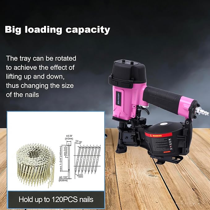 CN45N Roofing Nailer, 15 Degree Roofing Nail Gun, 3/4-Inch to 1-3/4-Inch Coil Nails, 120-pcs Load Capacity Coil Nailer in Pink
