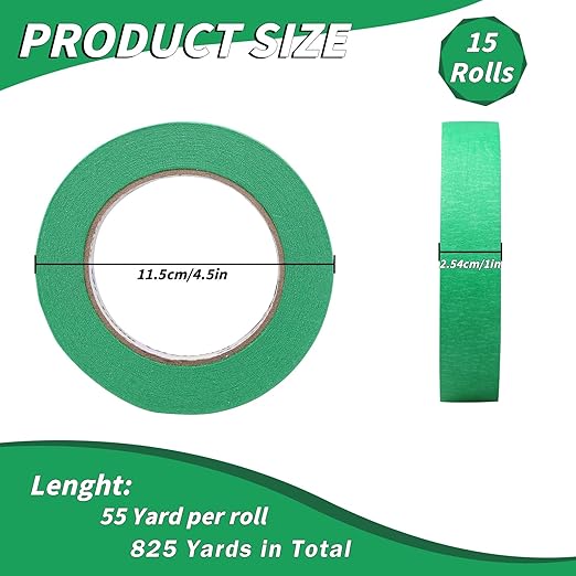 Oleitodh 15 Rolls Green Painters Tape Bulk 1 inch x 825 Yards, Painters Masking Tape No Residue Wall Painting Tape Artist Tape Trim Edge Finishing Tape for Wall Painting Decoration DIY Supplies
