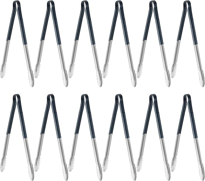 New Star Foodservice 16 Inch Utility Spring Tongs, Set of 12, Commercial Restaurant Grade Stainless Steel Tongs with Blue Vinyl Coated Handles