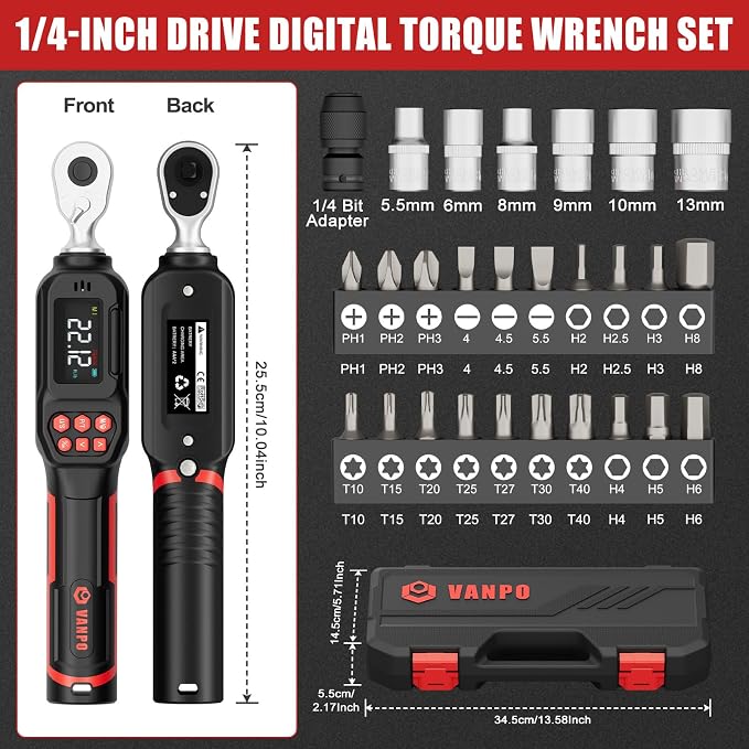 VANPO 1/4 Drive Digital Torque Wrench Set 1.11-22.12 ft.lb, ±2% Accuracy | 1.5-30 N.m Electronic Torque Wrench Set with Bits & Sockets, Buzzer/LED Indicator Alarm, for Carbon Fiber Bike, Motorcycle