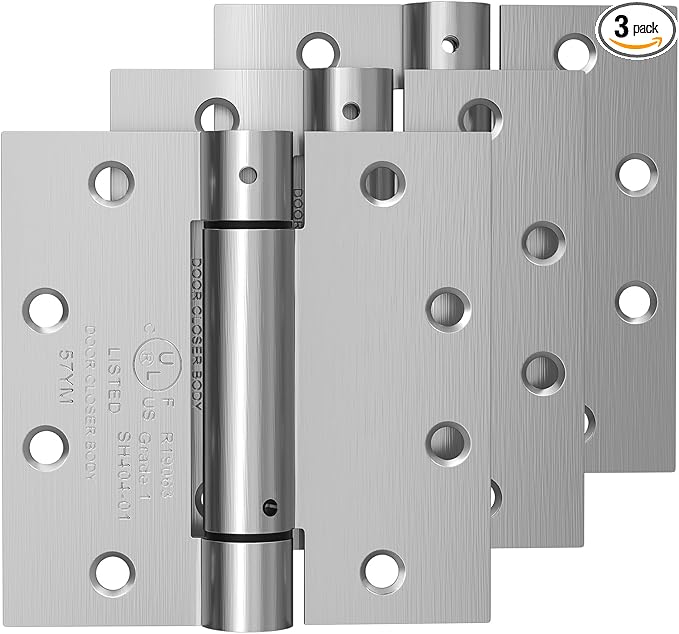 3 Pack Self Closing Door Hinges, 4.5 Inch Spring Loaded Door Hinges with Square Corners, Adjustable Tension for Garage, Front, Back Door, UL Listed, Left and Right Hand