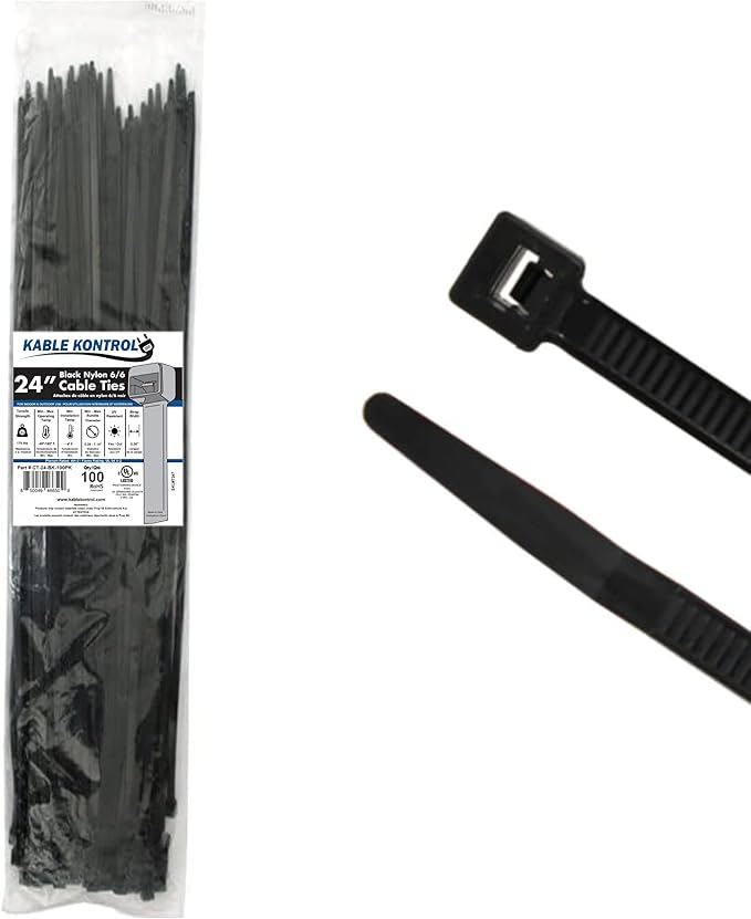 Kable Kontrol Heavy Duty Cable Zip Ties 100 Pcs 24 Inch Black, 175 Lbs Tensile Strength, Self-locking UV Resistant Plastic Nylon Wire Ties, for Indoor or Outdoor Use