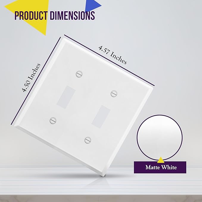 ENERLITES Double Toggle Light Switch Metal Cover Plate, Wall Plate, Corrosion Resistant, Standard Size 2-Gang 4.50" x 4.57", Powder Coated Stamped Steel, 7712-WM, White Matte (Pack of 1)