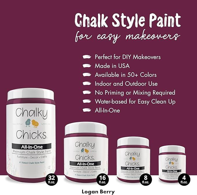 Chalky Chicks 8 Fl Oz Matte Logan Berry (Plum) Chalk Paint for Furniture Without Sanding - No Prep Furniture Paint No Sanding All in One for Crafts, Wood, Walls, Cabinet, Metal, Dresser, Farmhouse