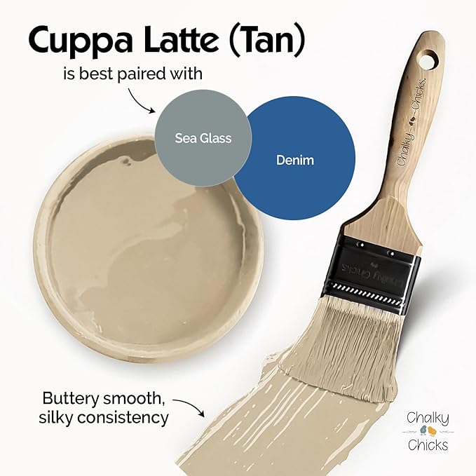 Chalky Chicks 8 Fl Oz Matte Cuppa Latte (Tan) Chalk Paint for Furniture Without Sanding - No Prep Furniture Paint No Sanding All in One for Crafts, Wood, Walls, Cabinet, Metal, Dresser, Farmhouse