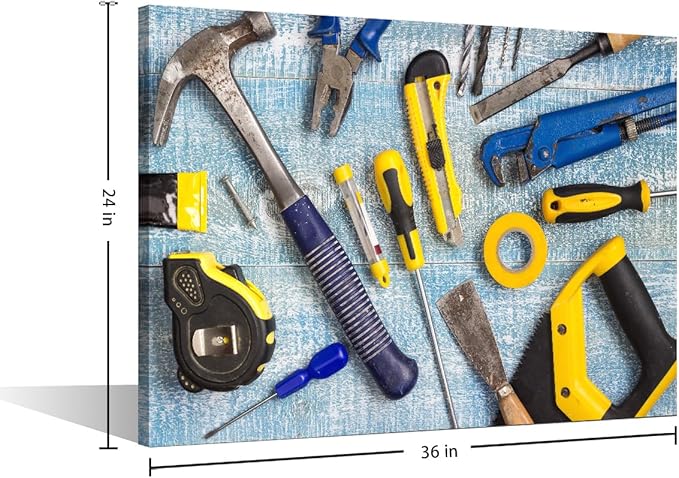 Large Wall Art for Living Room Repairman Maintenance and Housework Project Tools on Workshop Desk Top View Poster, Canvas Supermarket Hotel Tool Room Hardware Store Wall Decor 1 Panels (24"Wx36"H)