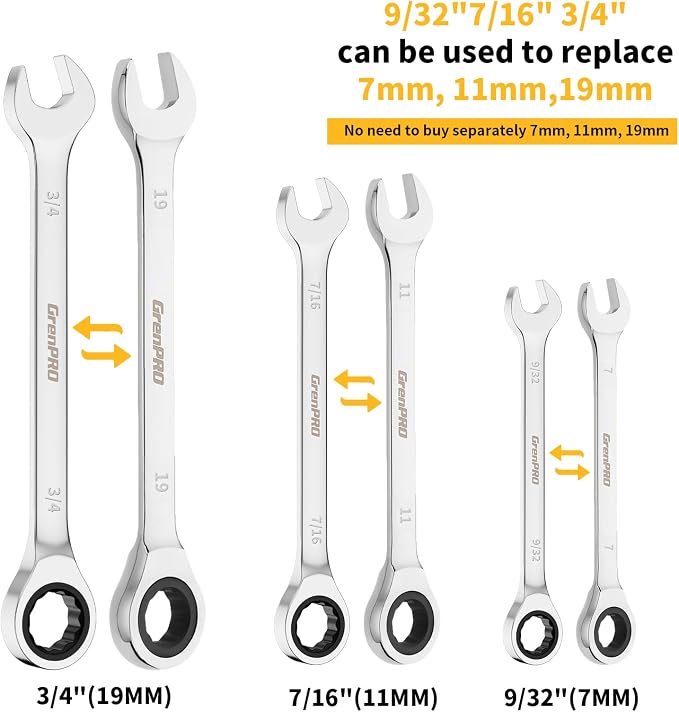 GRENPRO 22PC Ratcheting Wrench Set SAE&Metric Combination Open End Wrenches | 1/4"-3/4"&6-18mm Ratchet Wrenches, Gauge CR-V 72-Tooth 5° Swing 12Pt Mechanic Tools Sets, Roll Pouch for Auto & Home Repair