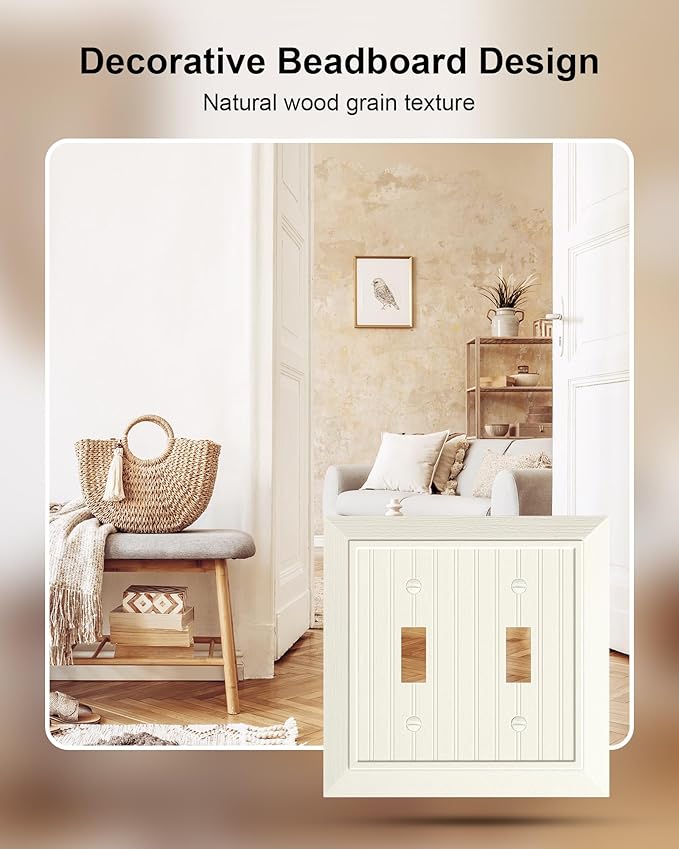2-Pack Classic Beadboard Double Toggle Light Switch Cover Plate, Unbreakable Polycarbonate Decorative Switch Plate Covers, Light Almond 2 Gang Wall Plate