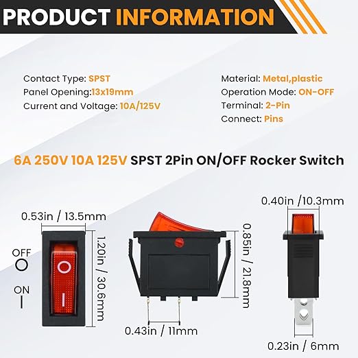2 Pin 2 Position Boat Shaped Rocker Switch, KCD3-101 ON/Off Snap in Toggle Switch, AC 250V/15A 125V/20A Red Rocker Switch Toggle for Car Auto Boat Household Appliances (2 Pack)