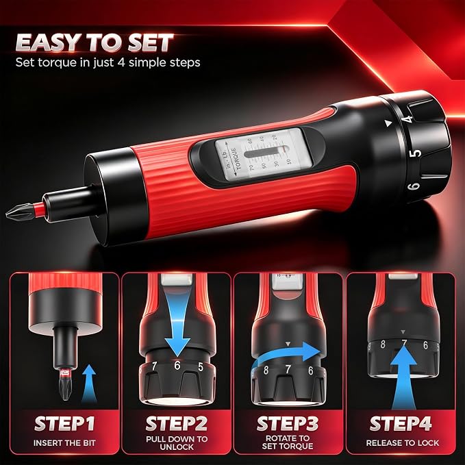 Torque Screwdriver 10-70 in-lb, 45-Piece 1/4" Drive Set with 24 S2 Steel Bits, 20 CR-V Magnetic SAE and Metric Nut Drivers, Storage Case, Inch Pound Torque Wrench for Automotive, Bike and DIY Repair