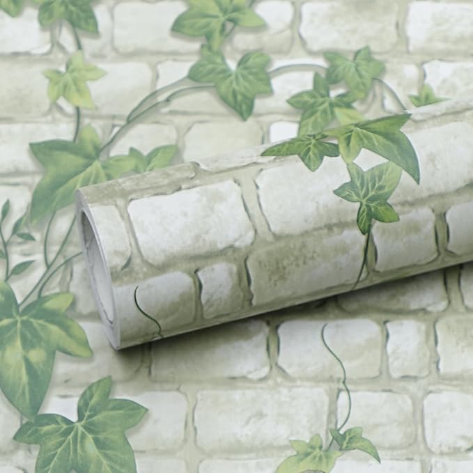 Green Leaves Brick Wallpaper Peel and Stick Realistic Distressed Textured Waterproof Self Adhesive Contact Paper Vintage Removable Vinyl Wall Paper Faux Brick Look Wall Covering 23.6"x393"