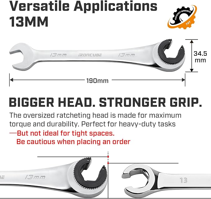 ironcube 13mm Brake Line Wrench Set: Metric Ratcheting Open-end for Nuts on Fuel, Brake or Air Conditioning Lines