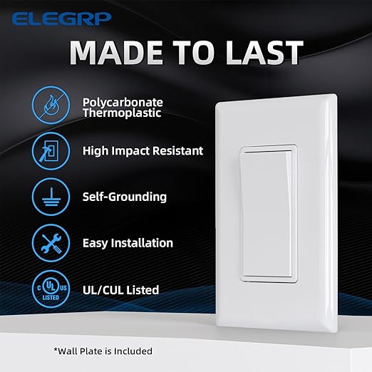ELEGRP 3 Way Decorator Light Switch, 15Amp, 120-277 Volt, AC Rocker Paddle Wall Switch Replacement, Self-Grounding, Residential Grade, Screwless Wall Plate, UL Listed (20 Pack, Glossy White)