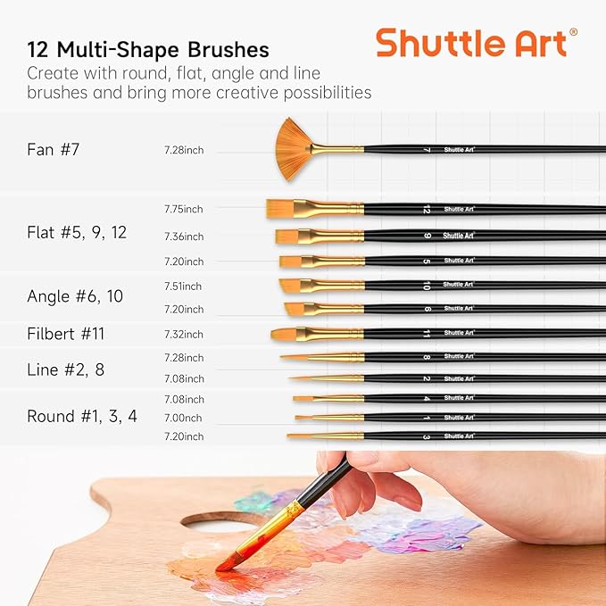 Shuttle Art 80 Colors Acrylic Paint, Acrylic Paint set with 12 Paint Brushes, 2oz/60ml Bottles, Rich Pigmented, Premium Paints for Artists, Beginners and Kids on Canvas Rocks Wood Ceramic