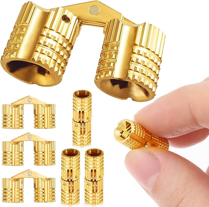 Hidden Brass Barrel Hinges, 8mm, 180 Degree Opening Angle Concealed Furniture Hinges for DIY Jewelry Box Hand Craft, 8-Piece Set with Screws, Gold, 0.71 x 0.31 Inch