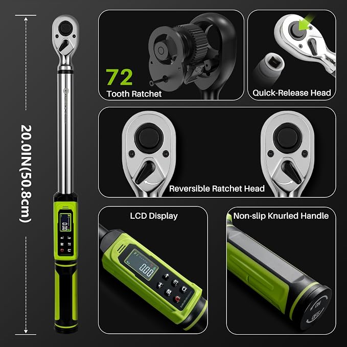 Digital Torque Wrench 1/2" Drive-2.2-147.5Ft.Lb for Car Motorcycle | Electronic Torque Wrench(3-200N.m),Vibration Buzzer LED Indicator,±2% Accuracy 5 Units for Bike Auto Truck Repair DIY