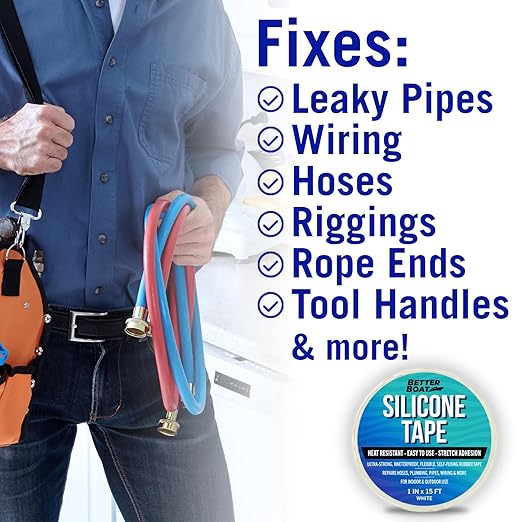 Better Boat Self Fusing Silicone Tape Waterproof White, Plumbing Tape for Leaks, Hose and Pipe Repair Tape, 1 in x 15 ft
