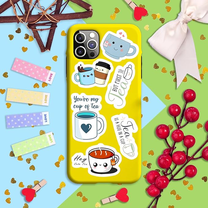 BulbaCraft Cute Tea Cup Stickers, Tea Stickers for Water Bottle and Laptop - Tea Cup Party Supplies & Decorations, Waterproof Vinyl Drink Decals, Gifts for Women & Men