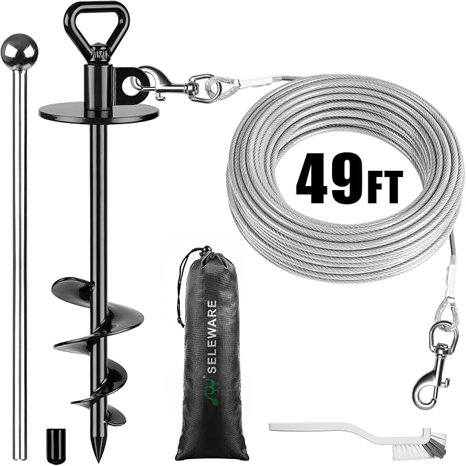 SELEWARE Dog Tie Out Cable and Stake, Dog Stake with 49FT Heavy Duty Cable | 15" Long Anti-Rust Heavy Duty Dog Stake for Large Dogs up to 220 lbs, Easy Install with Twist Rod for Yard, Camping Outside
