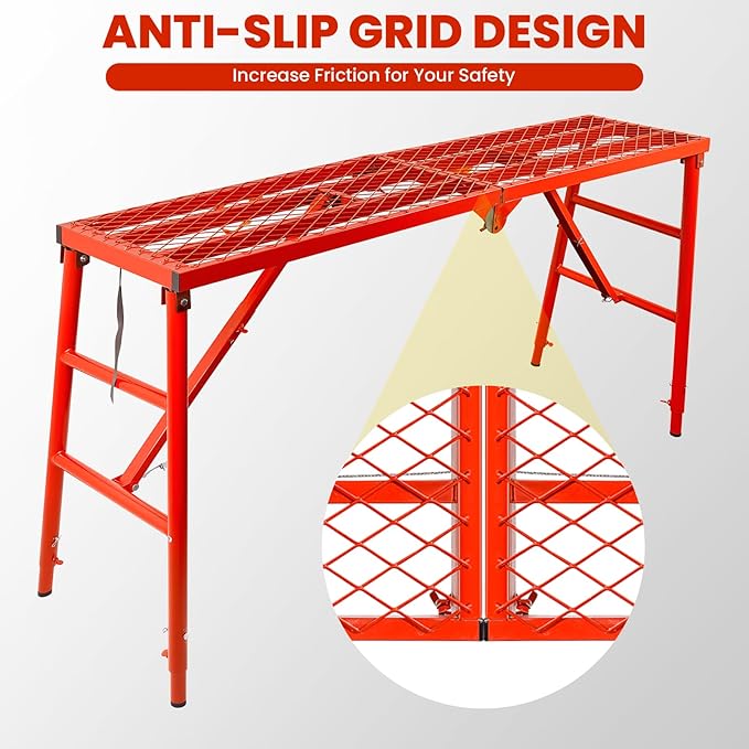 Adjustable Work Platform Ladder for Stairs - 1000 LBS Heavy Duty Folding Scaffold with 5 Height Settings (27"-57") for Professional Painting & Construction, Tool-Free Setup, Anti-Slip Surface