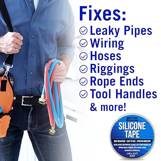 Better Boat Self Fusing Silicone Tape Waterproof Clear, Plumbing Tape for Leaks, Hose and Pipe Repair Tape, 1 in x 15 ft