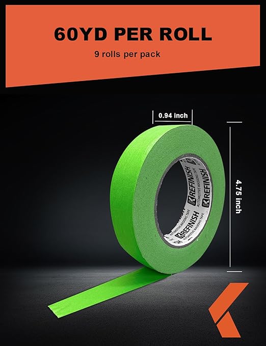 KREFINISH Painters Tape for Car Paint Green No Residue Automotive Masking Tape for Automotive Painting - Heat Resistant for Paint Booth, 1.41 Inches x 60 Yards, 9 Rolls