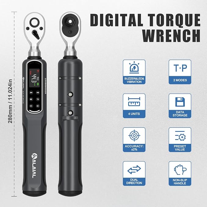 Digital Torque Wrench 3/8 Drive, 0.7-44.3 Ft.Lb ±2% Accuracy | LED Display, Buzzer&Vibration Alert, 2 Modes, 10 Presets&500 Data Logs, for Lug Nuts, Automotive, Motorcycle Repair