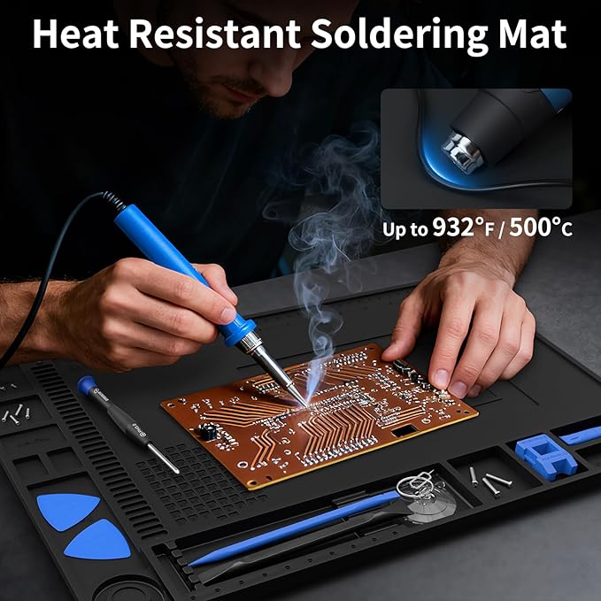 STREBITO Solder Mat Electronics Mat Silicone Repair Mat, Heat Resistant 932°F, Magnetic Project Mat Solder Pad for Soldering, Computer, Laptop, Cell Phone, RC, Gun, Size 17.7" x 11.8" (Black)