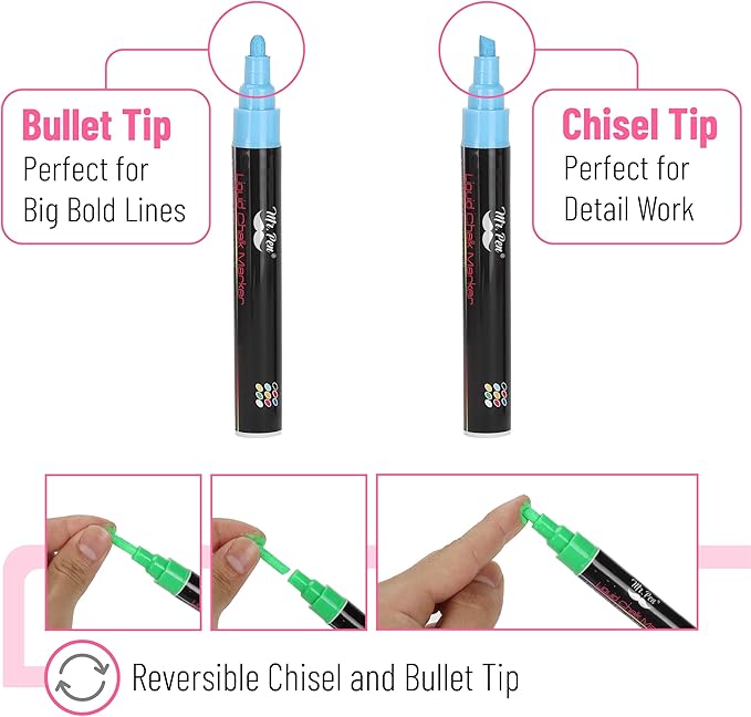 Mr. Pen- Liquid Chalk Markers, 6 Pack, Reversible Tip, Vibrant Colors, Erasable Chalk Marker, Non-Toxic Water-Based Chalkboard Markers for Window and Glass, Washable Window Paint Marker