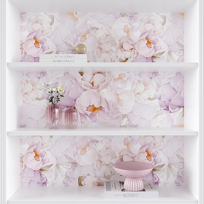 VEELIKE Lavender Floral Wallpaper Peel and Stick Large Peonies Wall Mural for Girls Room Nursery Prepasted 17.7'x354' Removable Pink Wallpaper for Bedroom Bathroom