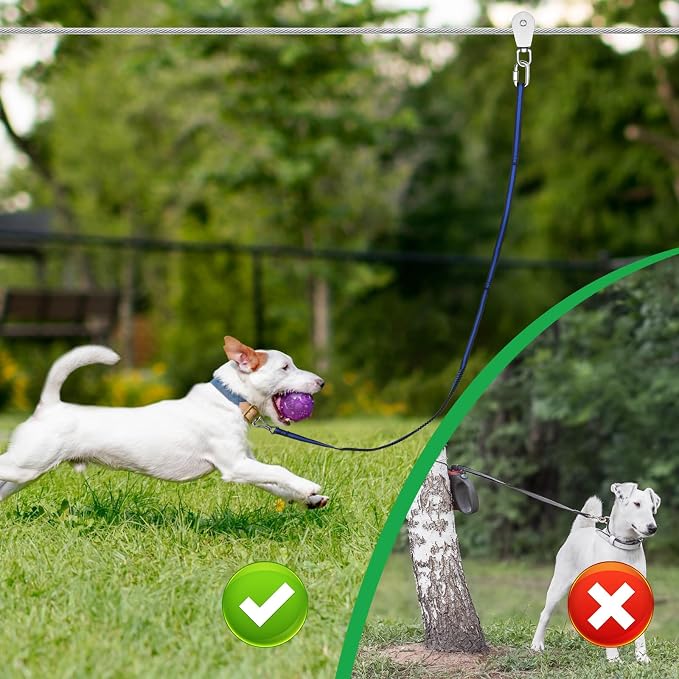 XiaZ Dog Tie Out Cable, 120ft Trolley Runner Cable for Dogs up to 250lbs, Dog Lead for Yard, Camping, Outdoor, with 8 Ft Nylon Bungee Runner, Cable Sling to Protect Trees