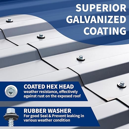 Metal Roofing Screws 1-1/2" Galvanized Hex Head Sheet Metal Screws, Metal to Wood Siding Screws, Self Tapping Screw with EPDM Washer for Corrugated Roofing (300Pcs)