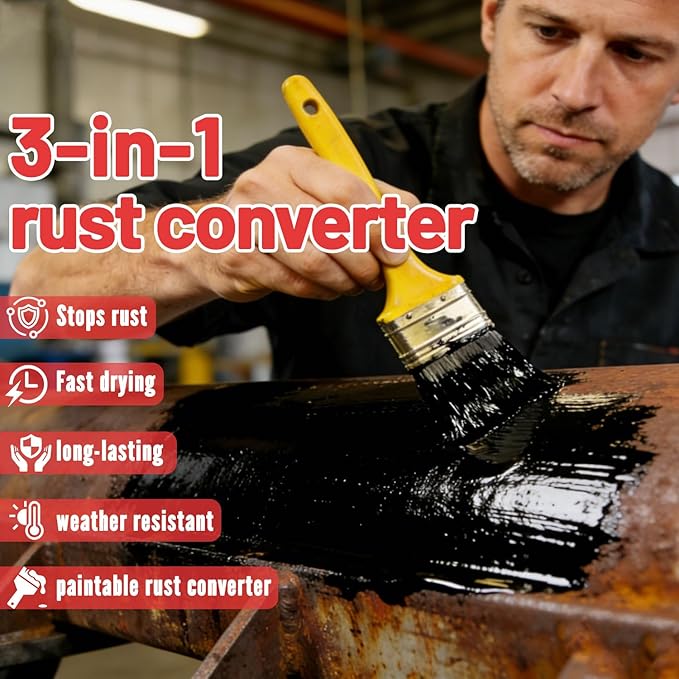 Rust Converter Paint for Metal, 3-in-1 Rust Converter & Metal Primer, Paint Directly Over Rust, Black Rust Inhibitor for Automotive Frame, Trailer & Fence, Heat & UV Resistant – 70 oz