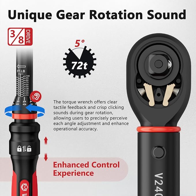 VANPO Torque Wrench 3/8-Inch Drive, 10-100 ft-lb, for Motorcycle | ±3% Precision, Calibration, Click Style, TPR+ABS Handle, Dual Direction, Dual Direction, for Spark plugs, Brake & Lug nuts