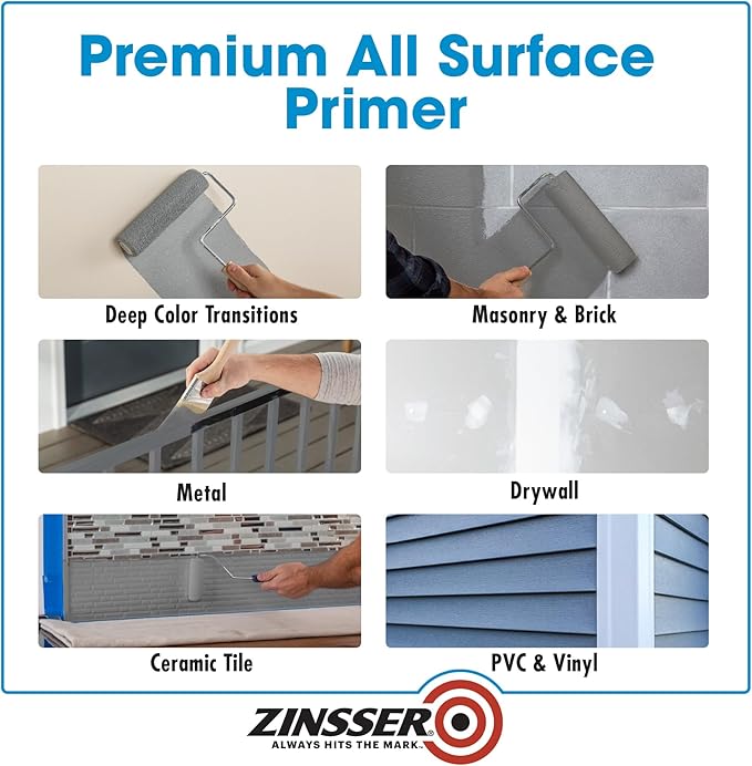 Zinsser 286258-4PK Bulls Eye 1-2-3 All Surface Primer, Quart, Gray, 4 Pack