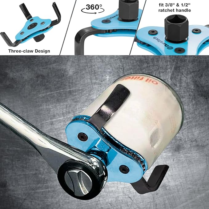DURATECH 8-Piece Oil Filter Swivel Wrench Set | Covers 2-3/4" to 5-1/4", 9" & 12" Adjustable Oil Filter Pliers, Universal 3-Jaw Removal Tool, 1/2" to 3/8" Adapter