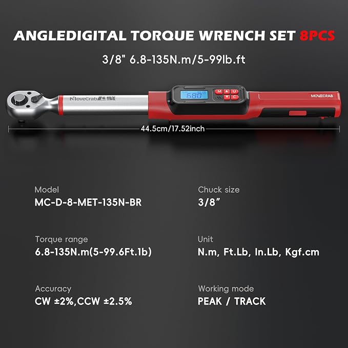 3/8" Digital Torque Wrench Set, 5-99.6 Ft.lb, ±2% Accuracy, 8pcs | Electronic Torque Wrench with LED & Buzzer Alerts, 4 Sockets, Extension Bar & Adapters for Automotive, Motorcycle, Bicycle