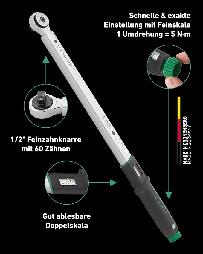STAHLWILLE 750NR Torque Wrench 1/2 Inch Car Tyre Change Set 5 Pieces | 40-200 Nm, 3 colour-coded inserts 17/19/21 mm with rim protection, extension, case, click signal for precise wheel changes