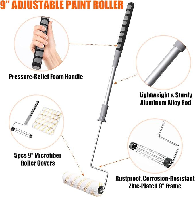 6pcs House Paint Roller Kit, 9 inch Extendable Roller Frame with 5 Microfiber Roller Covers 1/2" Nap, Adjustable Painting Roller (18" - 36") for Walls, Ceilings, Floor, Home Painting Supplies