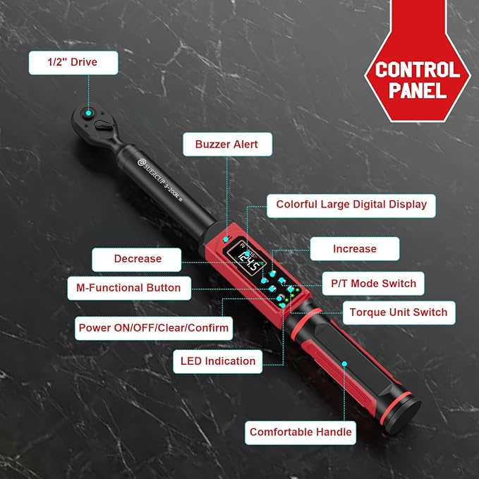 1/2" Digital Torque Wrench, 2.2-147.5Ft.Lb/3-200N.m, ±1% Accuracy | Electronic Torque Wrench, Vibration, Buzzer, LED Flash,9 Presets & 5 Units for Engine/Suspension, Lug Nut, Car & Moto Repair